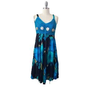 VTG Women's Day Dress Floral Crochet Size S/M Blue Green Sundress